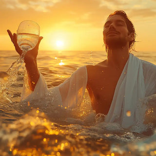 Mann im Meer mit einem Wasserglas